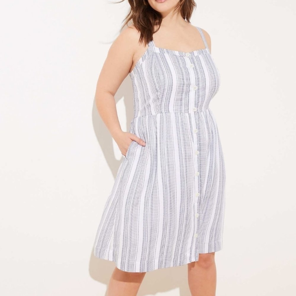 NWT LOFT white blue stripe button down sundress 12